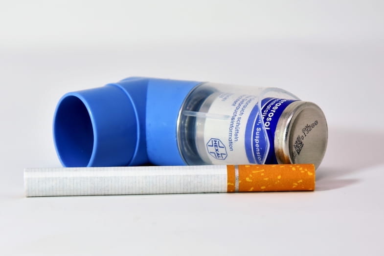 Inhalateur pour asthmatiques à côté d'une cigarette traditionnelle | Terpy