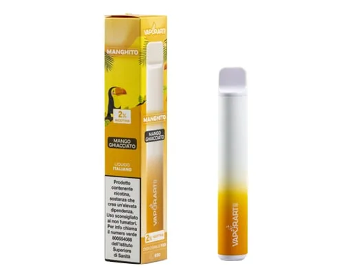 Boite et cigarette electronique jetable VAPORART vape pen gout manghito